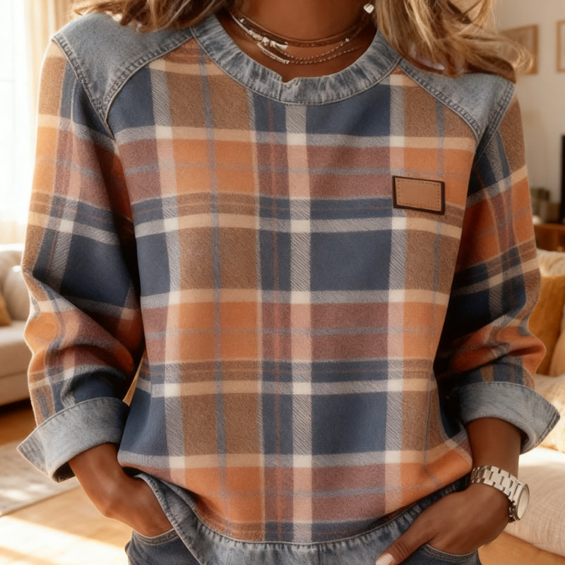 🔥Långärmade toppar i denim med lappteknik och rutmönster för damer