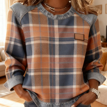 🔥Långärmade toppar i denim med lappteknik och rutmönster för damer