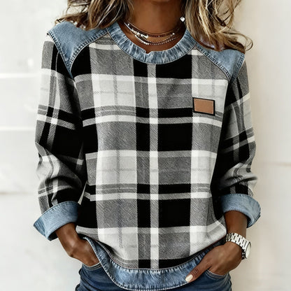 🔥Långärmade toppar i denim med lappteknik och rutmönster för damer