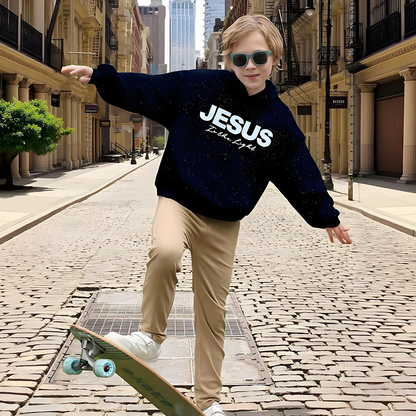 Trendig hoodie med glittrande paljetter och “JESUS is the Light“