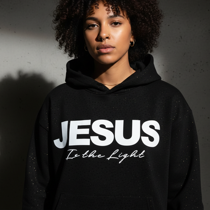 Trendig hoodie med glittrande paljetter och “JESUS is the Light“