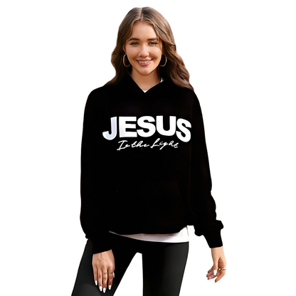 Trendig hoodie med glittrande paljetter och “JESUS is the Light“