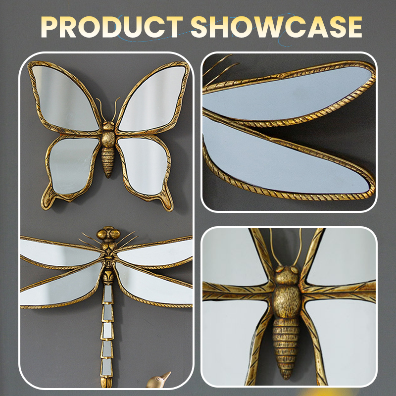 Vintage spegel med fjäril och slända som väggdekoration