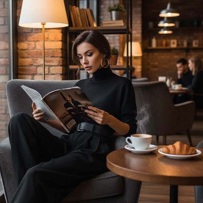 Eleganta set för kvinnor: Topp med hög krage & byxor med hög midja