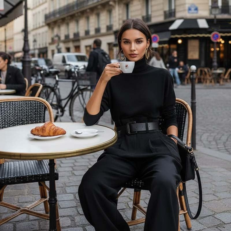 Eleganta set för kvinnor: Topp med hög krage & byxor med hög midja