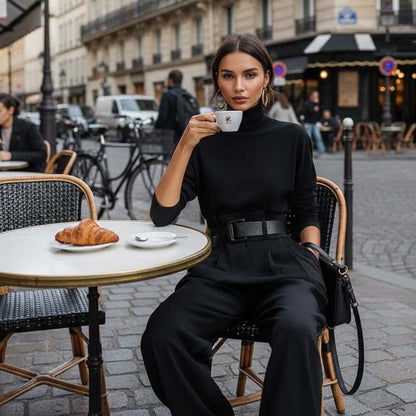 Eleganta set för kvinnor: Topp med hög krage & byxor med hög midja