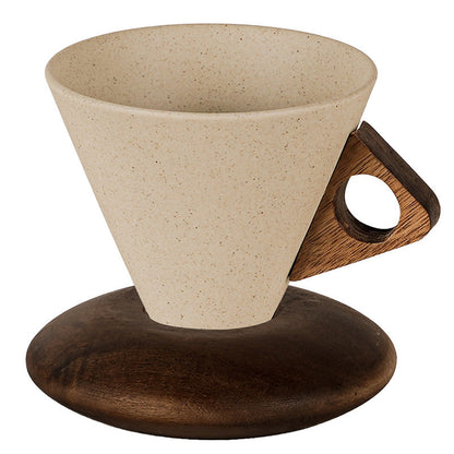 Vintage kaffemugg med trähandtag och träfat