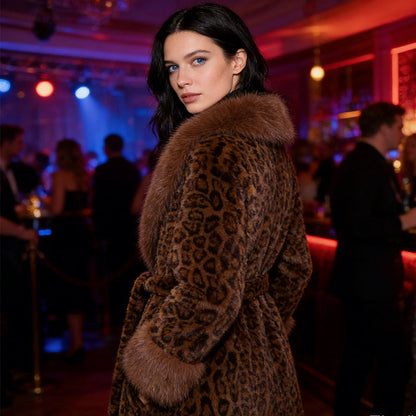 Fluffig fuskpälskappa med leopardmönster och bälte för damer