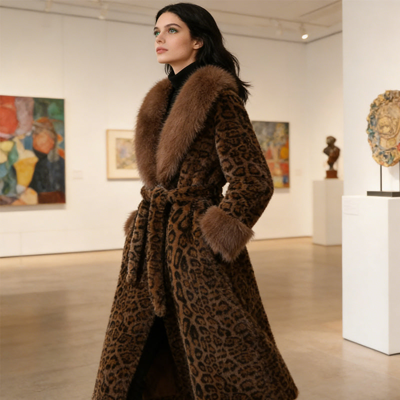 Fluffig fuskpälskappa med leopardmönster och bälte för damer