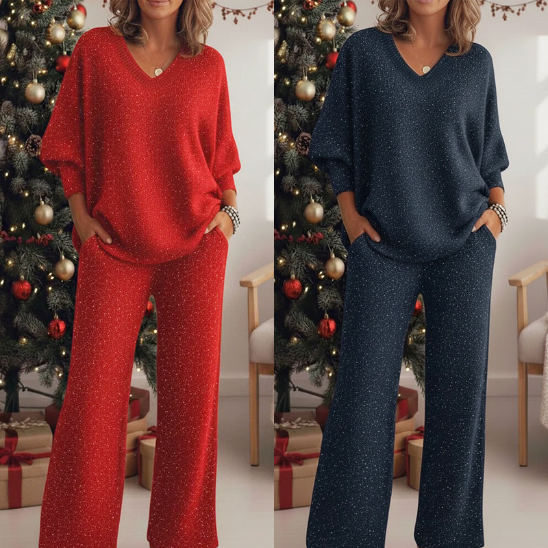👚✨Damset med glittrande topp med V-ringning och byxor med vida ben🎁