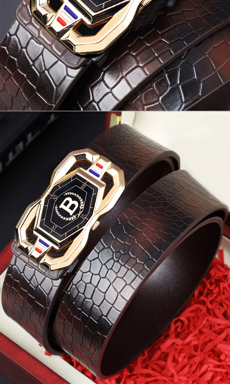 🐊Leather belt for men with elegant crocodile leather pattern, with automatic buckle and made of cowhide.