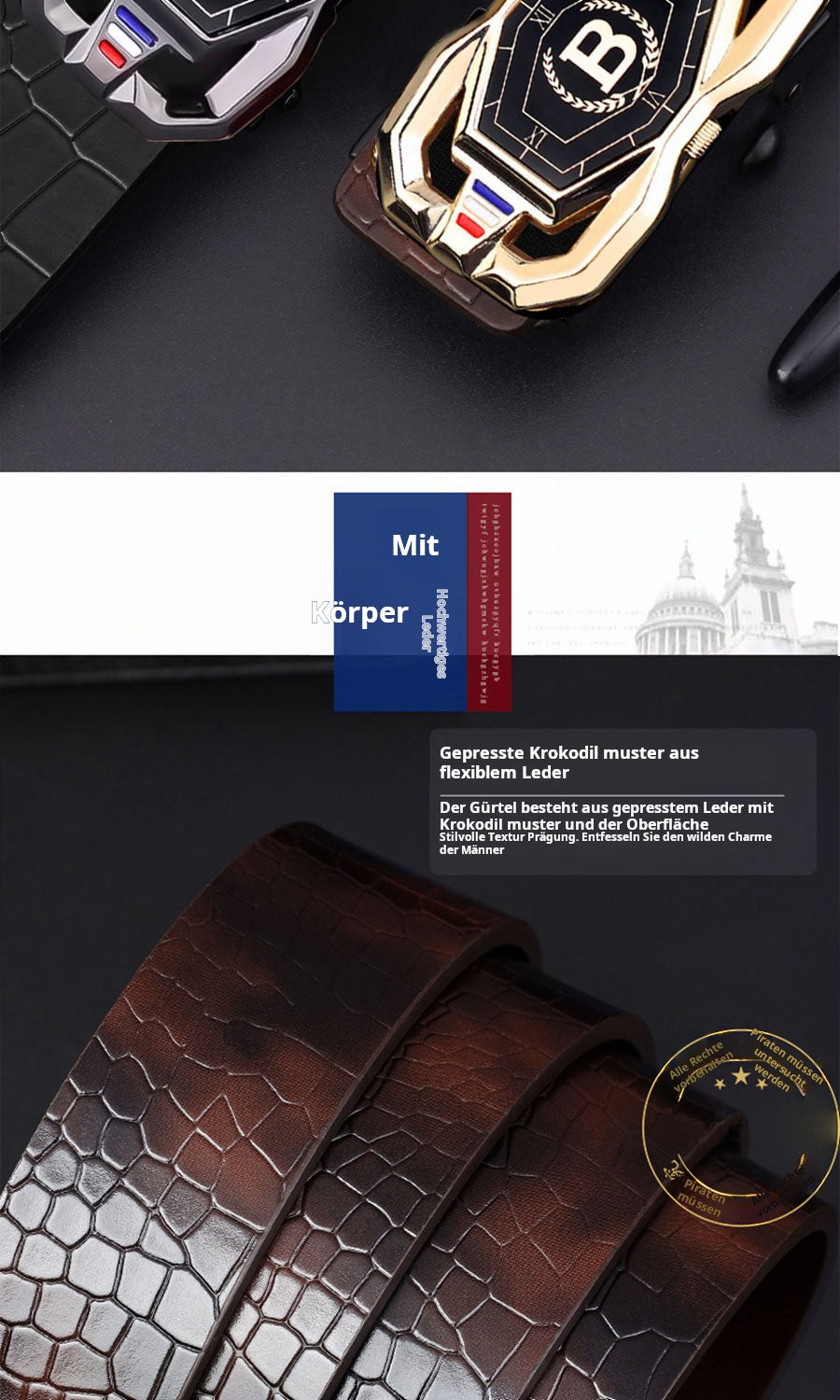 🐊Leather belt for men with elegant crocodile leather pattern, with automatic buckle and made of cowhide.