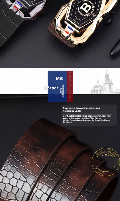 🐊Leather belt for men with elegant crocodile leather pattern, with automatic buckle and made of cowhide.