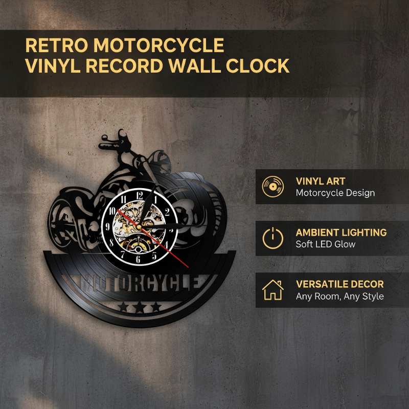 ⏳Begränsad tid 50 % rabatt⏰Retro motorcykel vinylskiva väggklocka
