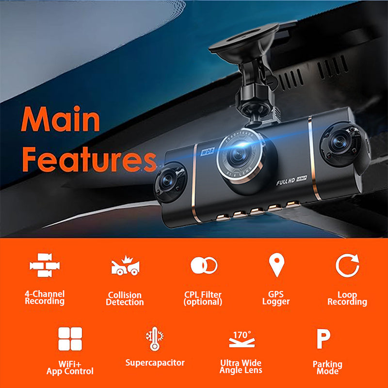 🚗📹 50% RABATT! | 4-kanals HD Dashcam – Fram, Interiör & Bak, 1080P, WiFi & GPS!