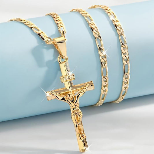✝️ 60% RABATT! ✨ Guldkrucifixhalsband – Detaljerat INRI-motiv, justerbar figarokedja och glittrande finish 💛