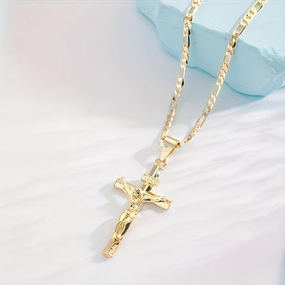 ✝️ 60% RABATT! ✨ Guldkrucifixhalsband – Detaljerat INRI-motiv, justerbar figarokedja och glittrande finish 💛