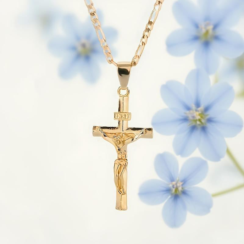 ✝️ 60% RABATT! ✨ Guldkrucifixhalsband – Detaljerat INRI-motiv, justerbar figarokedja och glittrande finish 💛