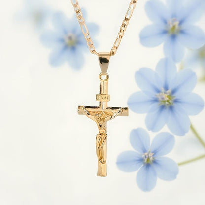 ✝️ 60% RABATT! ✨ Guldkrucifixhalsband – Detaljerat INRI-motiv, justerbar figarokedja och glittrande finish 💛