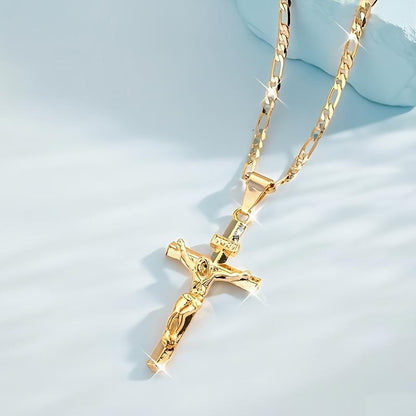 ✝️ 60% RABATT! ✨ Guldkrucifixhalsband – Detaljerat INRI-motiv, justerbar figarokedja och glittrande finish 💛