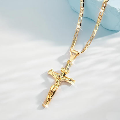 ✝️ 60% RABATT! ✨ Guldkrucifixhalsband – Detaljerat INRI-motiv, justerbar figarokedja och glittrande finish 💛