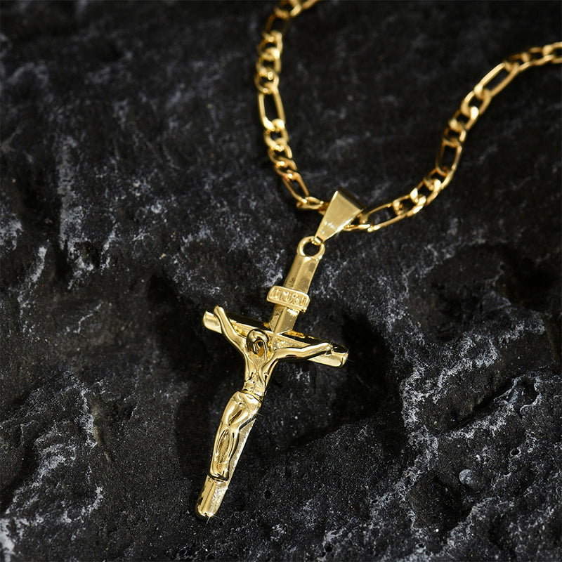 ✝️ 60% RABATT! ✨ Guldkrucifixhalsband – Detaljerat INRI-motiv, justerbar figarokedja och glittrande finish 💛