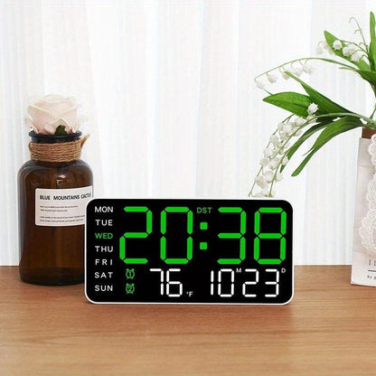 Stor digital väggklocka med LED-display, datum och termometer