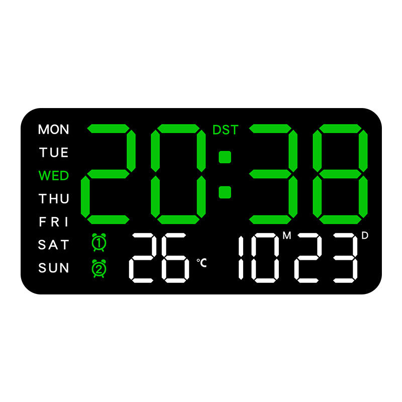 Stor digital väggklocka med LED-display, datum och termometer