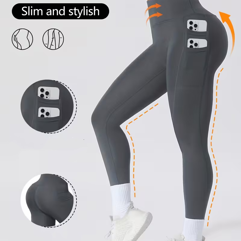 Högmidjede magekontrollerande yogabyxor med fickor