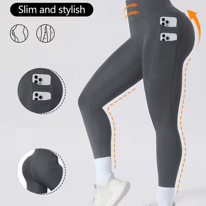 Högmidjede magekontrollerande yogabyxor med fickor