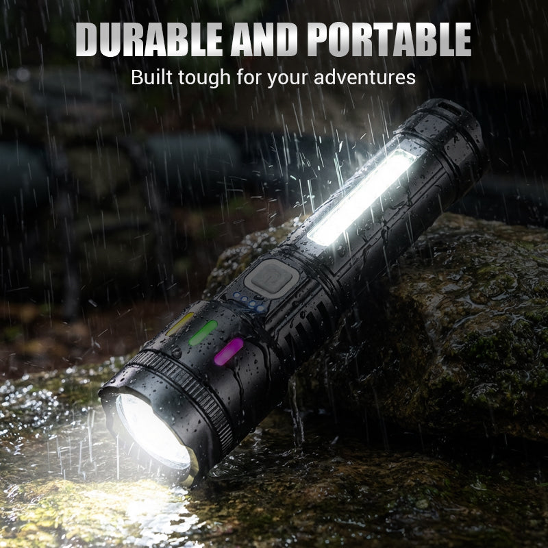 Multifunktionell LED-ficklampa med zoom och strömindikator