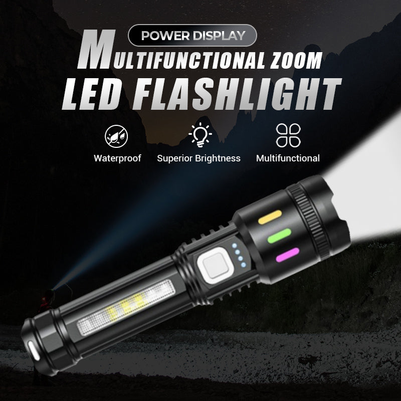 Multifunktionell LED-ficklampa med zoom och strömindikator