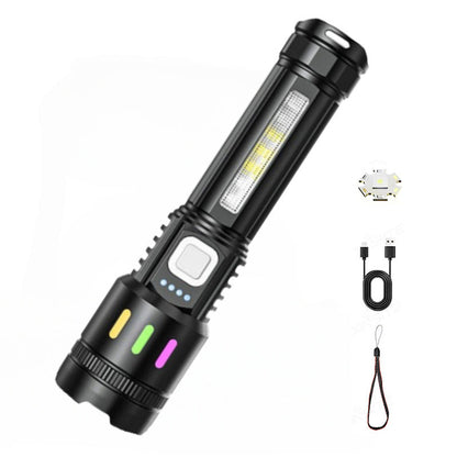 Multifunktionell LED-ficklampa med zoom och strömindikator