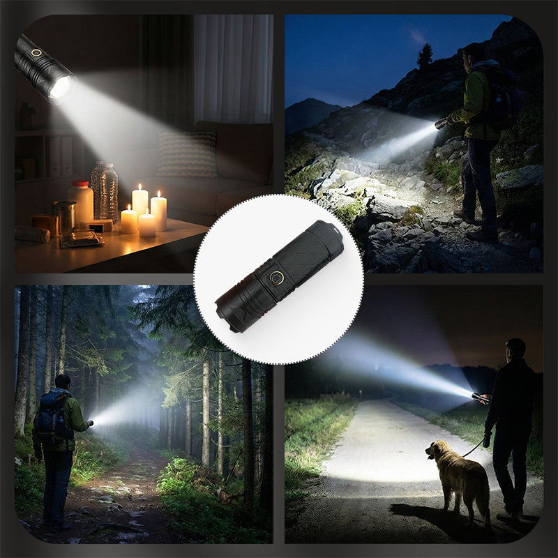 Opladdbar P50 LED-zaklampa med justerbar zoom – Superljus & opladdbar, redo för äventyr!！