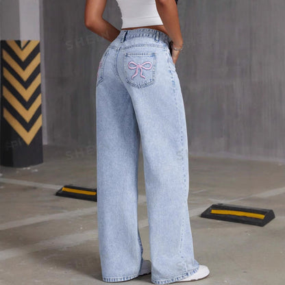 🎁Köp 2 och få fri frakt🔥Bågbroderade jeans med hög midja och raka ben