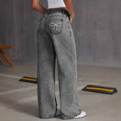 🎁Köp 2 och få fri frakt🔥Bågbroderade jeans med hög midja och raka ben