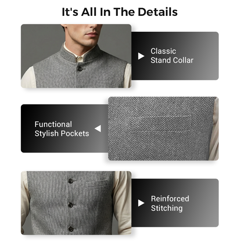 👔 50% RABATT! Herrväst med Fiskbensmönster & Hög Krage – Modern Strukturerad Skärning & Funktionella Fickor!