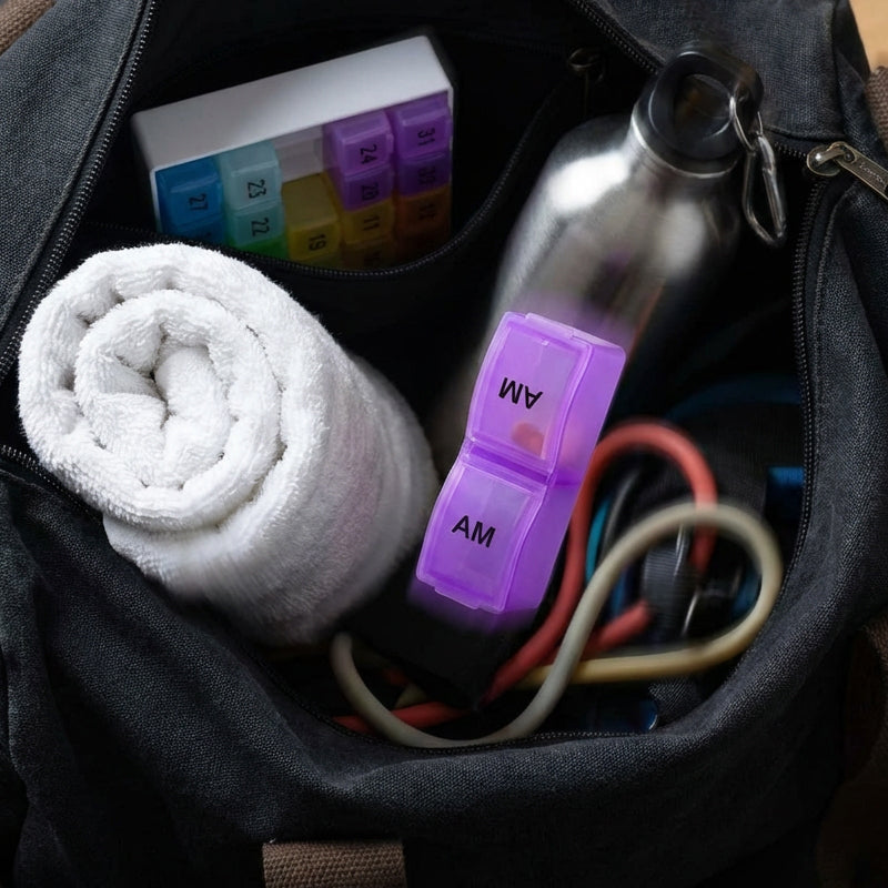 💊📅 Daglig 31-dagars pillerorganiserare för resor – 🔒📦4-veckors medicinlåda med fack & etiketter, idealisk för veckoplanering, semestrar & äldre, kompakt förvaring