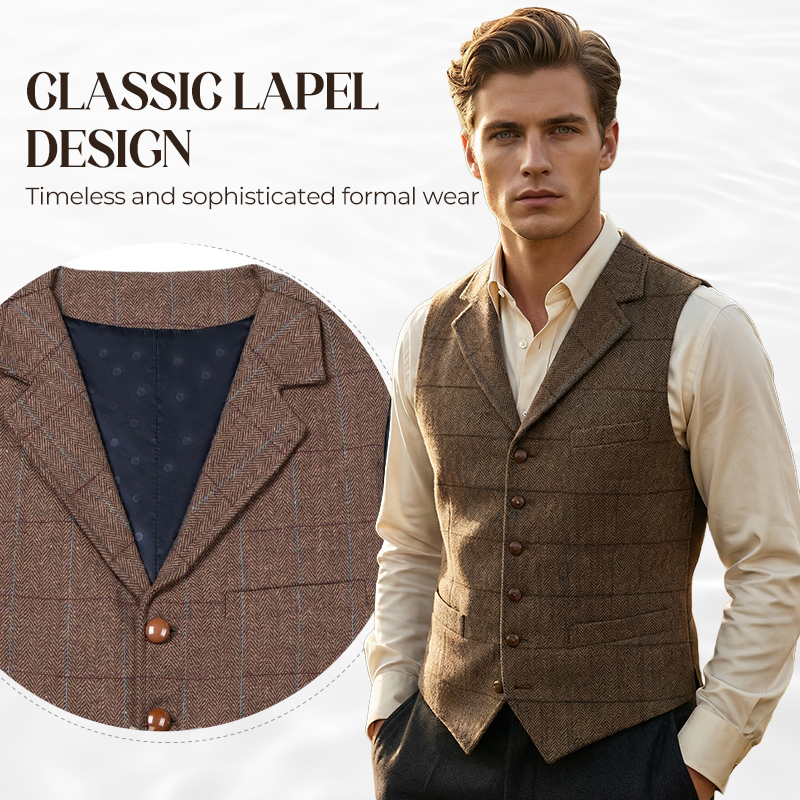 🔥Herrväst i rutig tweed med revers