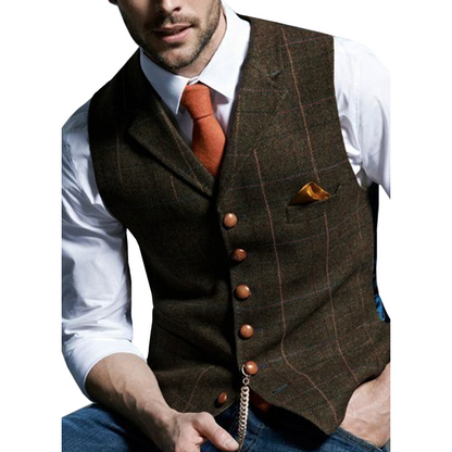 🔥Herrväst i rutig tweed med revers
