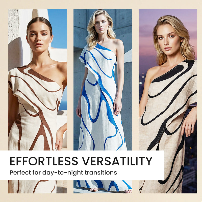👗 50% RABATT! 🎨 Maxiklänning med Abstrakt Tryck & En Axel – Slående Elegant, Mjukt Tyg & Perfekt För Sommarkvällar & Fester 💃