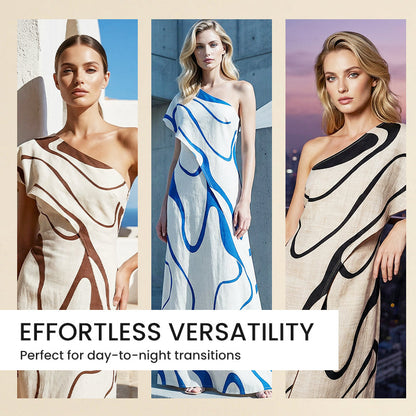 👗 50% RABATT! 🎨 Maxiklänning med Abstrakt Tryck & En Axel – Slående Elegant, Mjukt Tyg & Perfekt För Sommarkvällar & Fester 💃