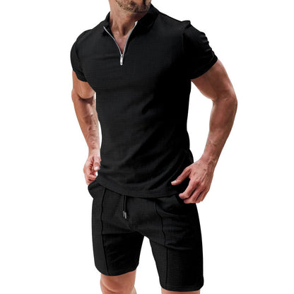 ☀️👕 50% RABATT! | Sommarcasual Set – Våffelskjorta med Dragkedja & Matchande Shorts!