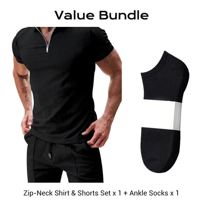 ☀️👕 50% RABATT! | Sommarcasual Set – Våffelskjorta med Dragkedja & Matchande Shorts!
