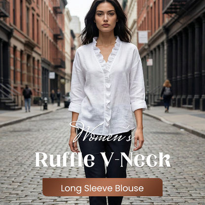 🔥🎁Nyhet 50 % RABATT🔥Damblus med volanger, V-ringning och långa ärma