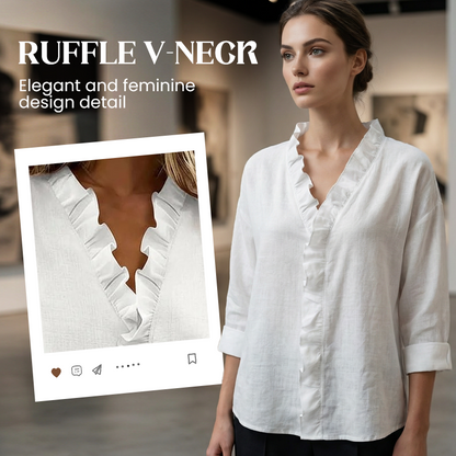 🔥🎁Nyhet 50 % RABATT🔥Damblus med volanger, V-ringning och långa ärma