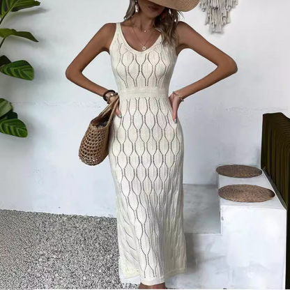 👗 60% RABATT! ✨ Elegant V-ringad Stickad Klänning – Hålmönster – Andningsbar, Figursydd & Perfekt för Fina Tillfällen 💃