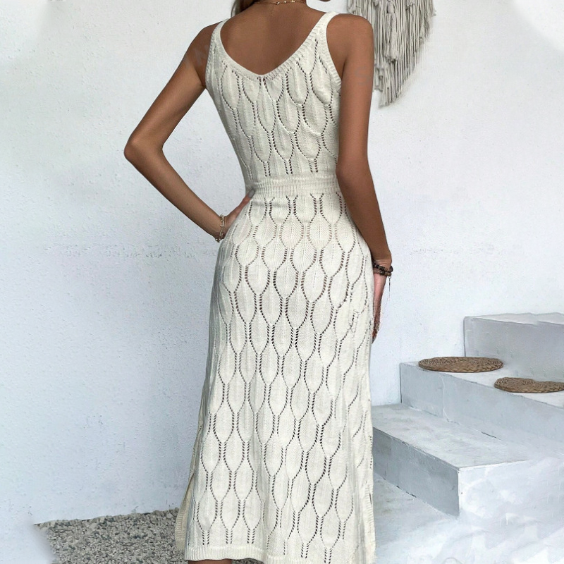 👗 60% RABATT! ✨ Elegant V-ringad Stickad Klänning – Hålmönster – Andningsbar, Figursydd & Perfekt för Fina Tillfällen 💃