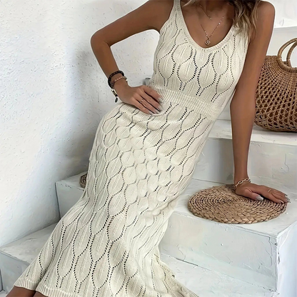 👗 60% RABATT! ✨ Elegant V-ringad Stickad Klänning – Hålmönster – Andningsbar, Figursydd & Perfekt för Fina Tillfällen 💃