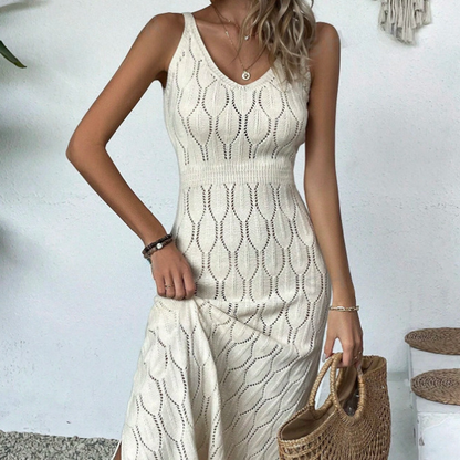 👗 60% RABATT! ✨ Elegant V-ringad Stickad Klänning – Hålmönster – Andningsbar, Figursydd & Perfekt för Fina Tillfällen 💃